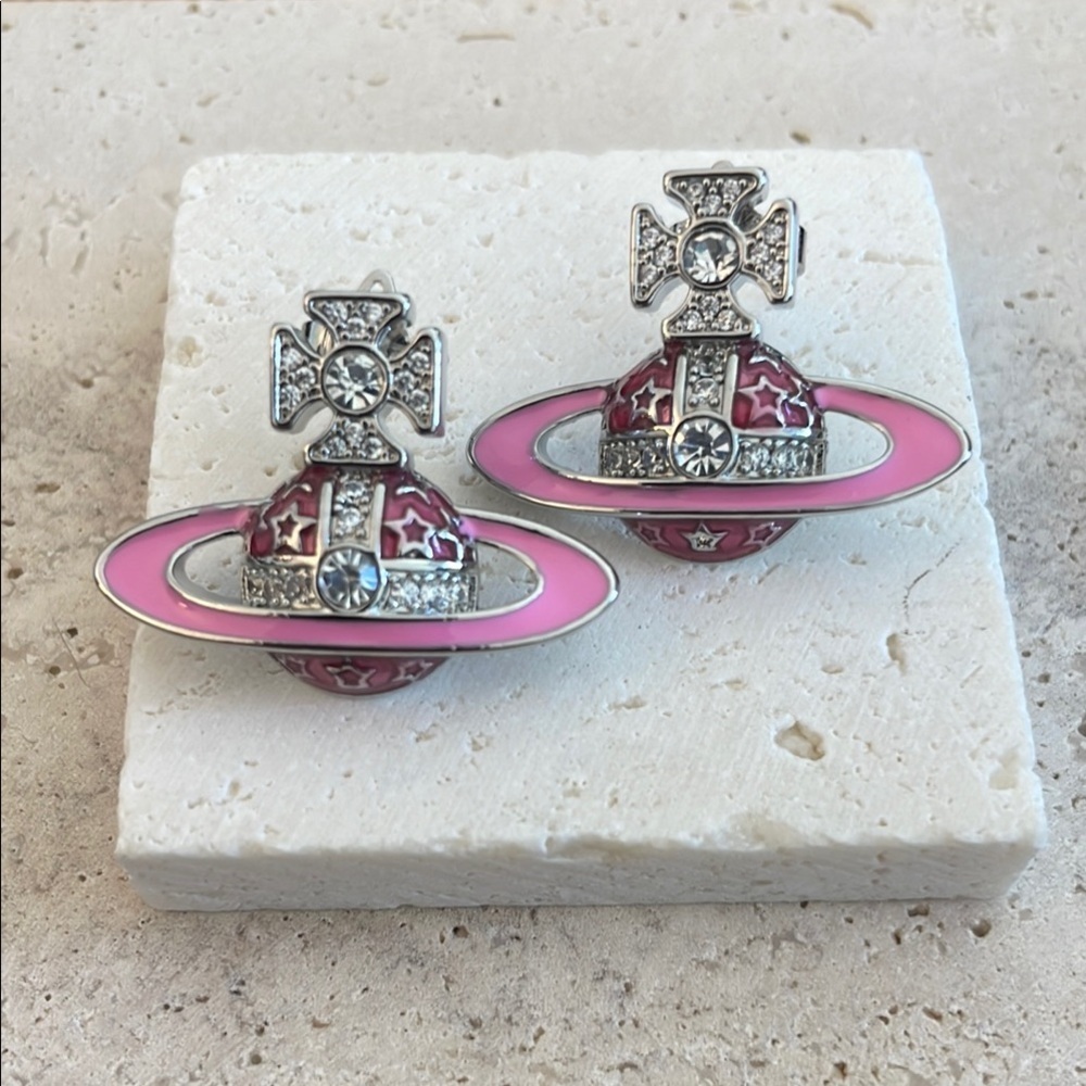 Vivienne Westwood Pink Orb Earrings Crystal Saturn Logo Iconic Studs